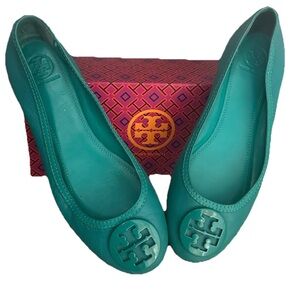 Tory Burch Audrey Blue Mini Travel Ballet Flats with Logo ~ Sz 10.5